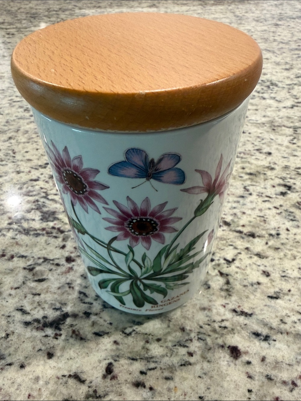 Portmeirion Floral Ceramic Canister with Wood Lid - Blue, Pink, Green 7inch